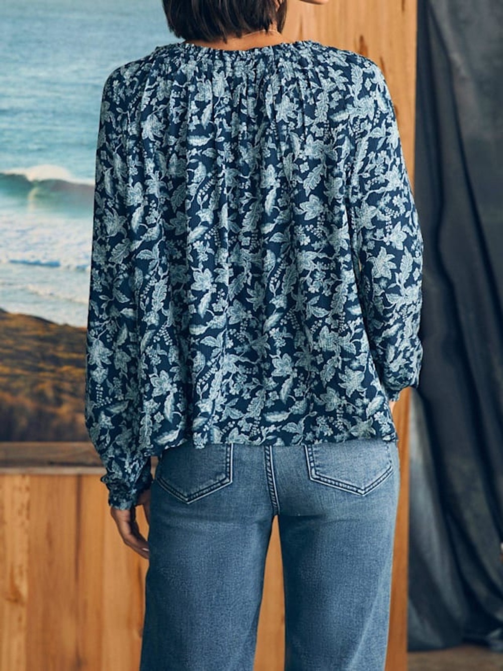 Faherty Emery Peasant Blouse Blue Esna Floral with Tie Closure - Picture 4 of 10